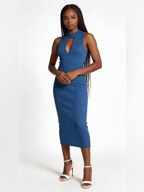 LOVE ARI | Sleeveless Blue Ribbed Body Con Midi Dress with Front Keyhole Sz M
